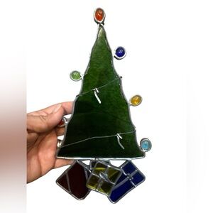 Vintage Stained Glass Christmas Tree with Presents Candle Sun Catcher Ornament